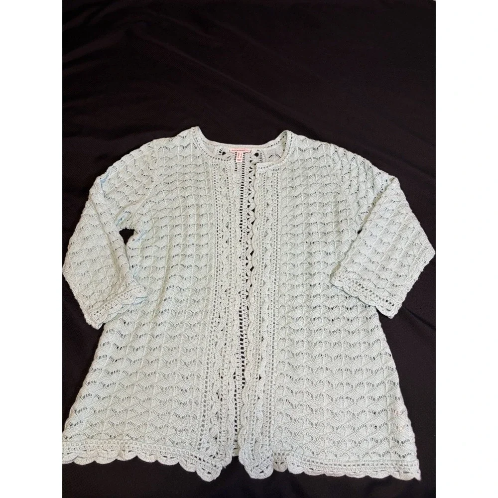 Isaac Mizrahi Aqua Crochet Knit Open Cardigan Sweater Sz L Cotton Blend Coastal